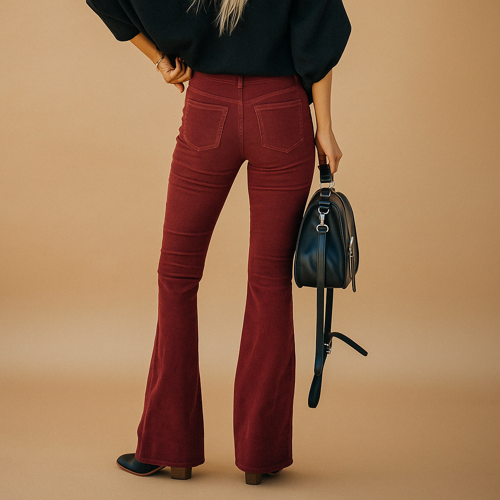 Flared damesbroek van zachte corduroy in diverse kleuren, met retro pasvorm en comfortabele stretch voor casual en semi-formele stijlen.