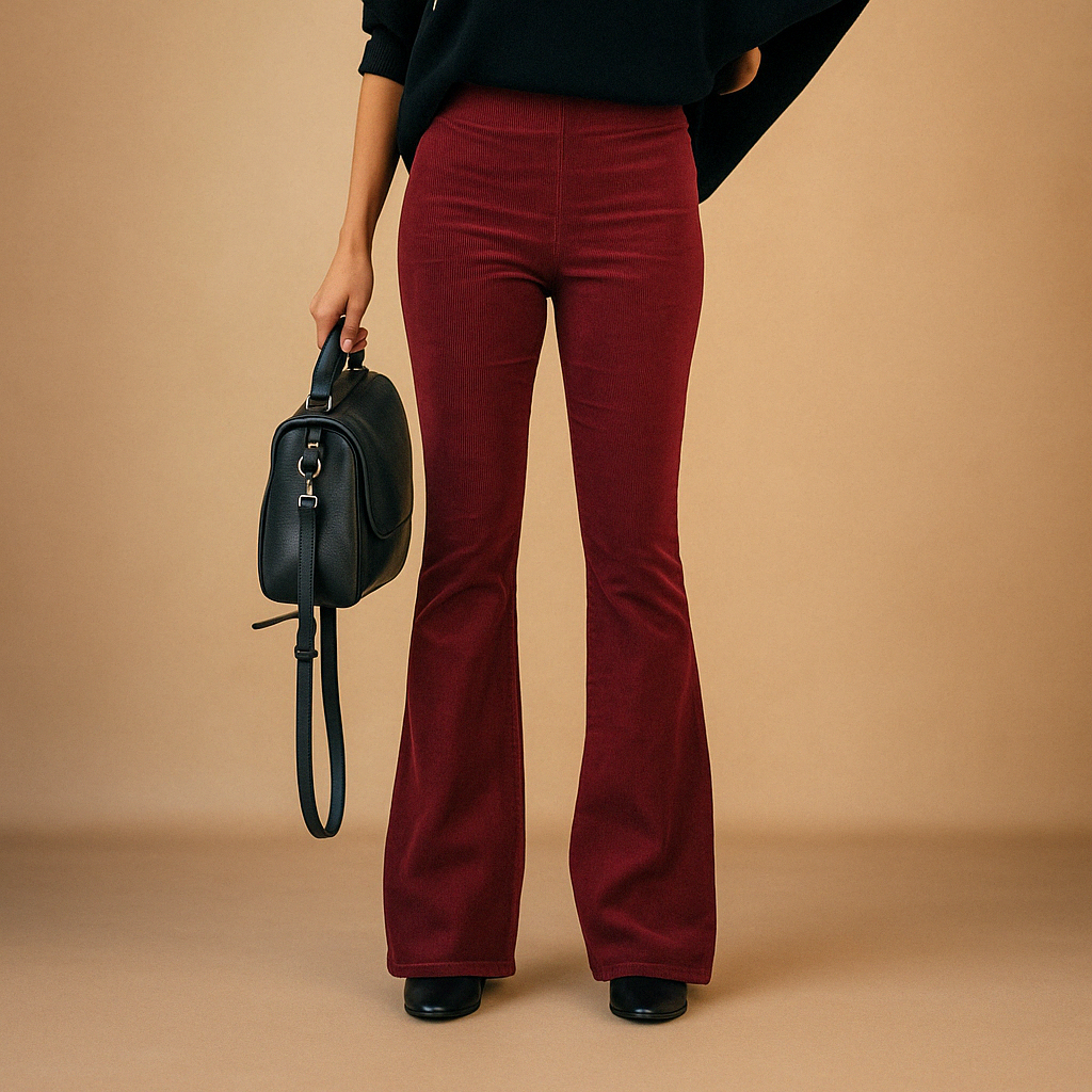Flared damesbroek van zachte corduroy in diverse kleuren, met retro pasvorm en comfortabele stretch voor casual en semi-formele stijlen.