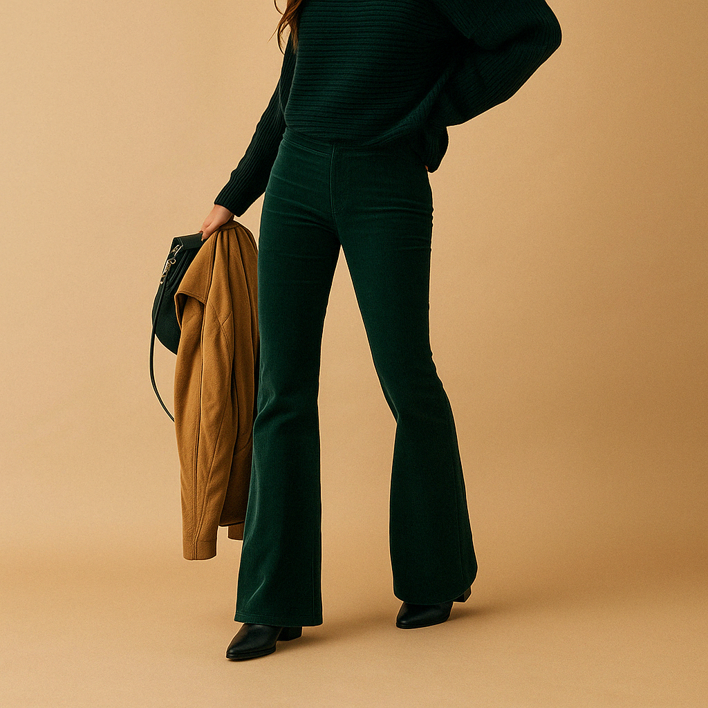 Flared damesbroek van zachte corduroy in diverse kleuren, met retro pasvorm en comfortabele stretch voor casual en semi-formele stijlen.