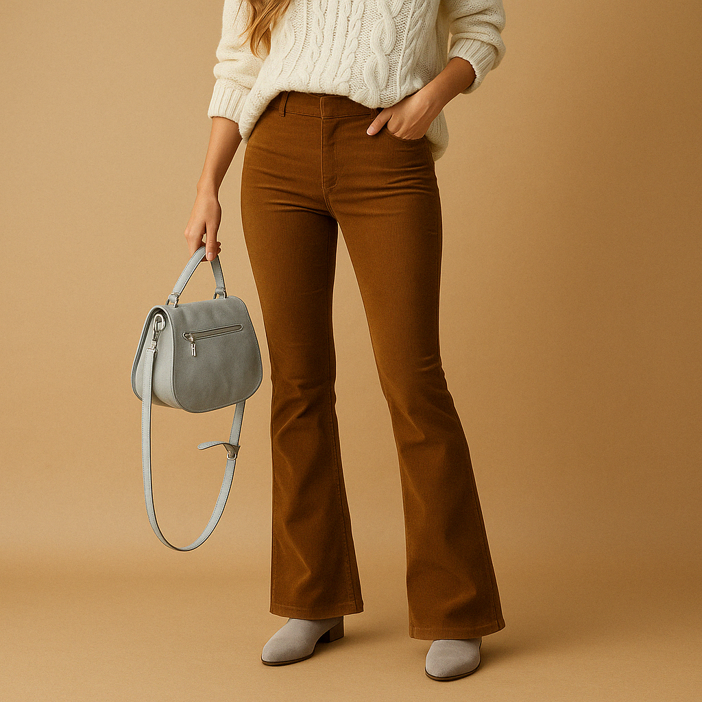 Flared damesbroek van zachte corduroy in diverse kleuren, met retro pasvorm en comfortabele stretch voor casual en semi-formele stijlen.