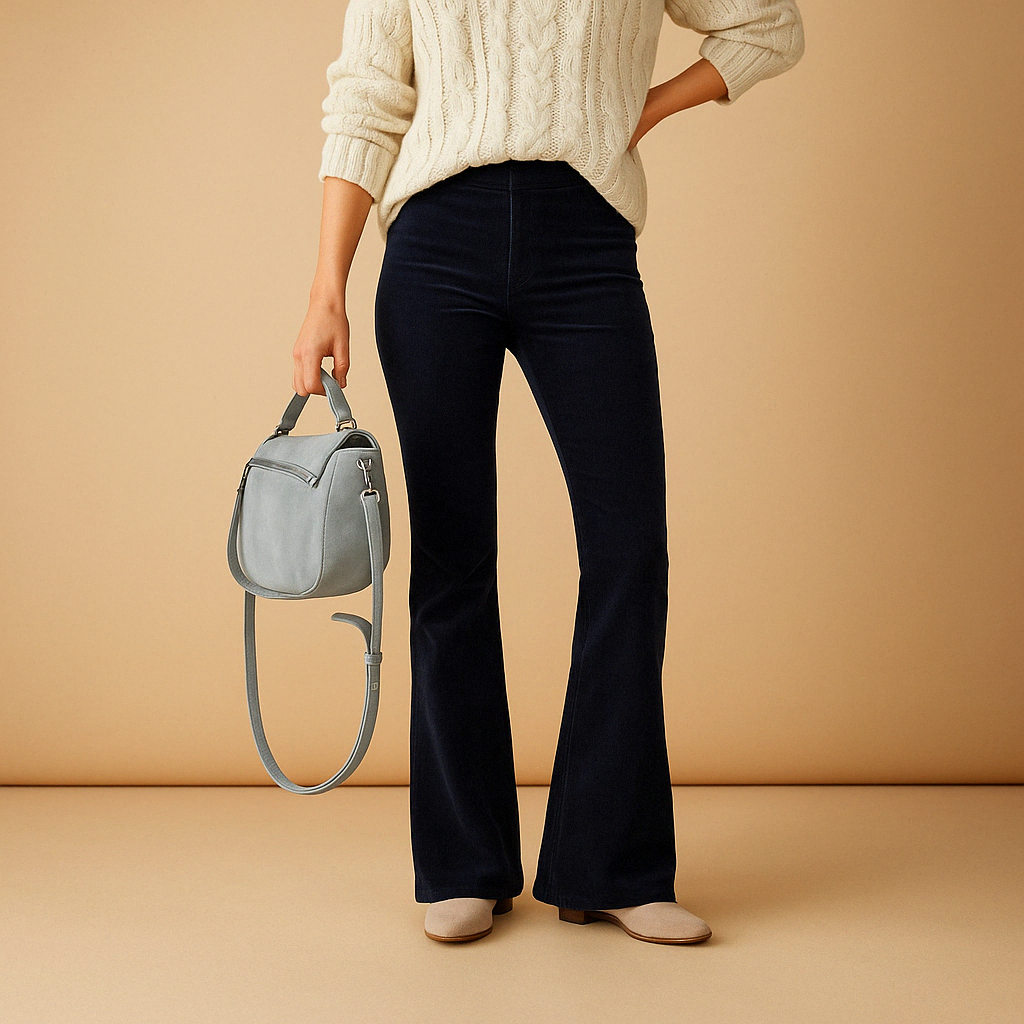 Flared damesbroek van zachte corduroy in diverse kleuren, met retro pasvorm en comfortabele stretch voor casual en semi-formele stijlen.