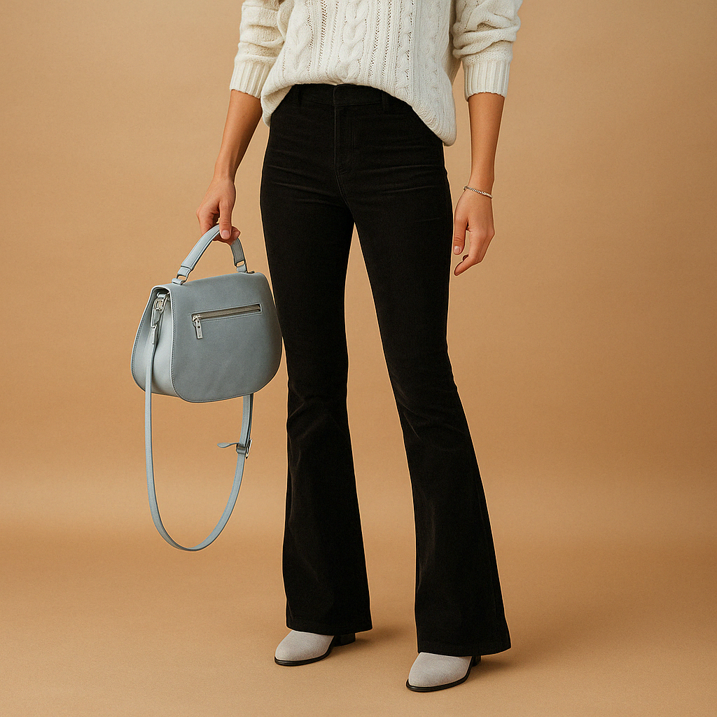 Flared damesbroek van zachte corduroy in diverse kleuren, met retro pasvorm en comfortabele stretch voor casual en semi-formele stijlen.