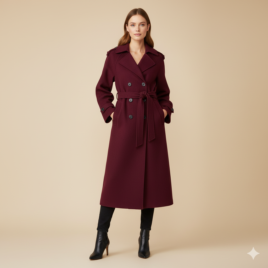 Women’s Wool Trench Coat – Long, Belted and Double-Breasted
