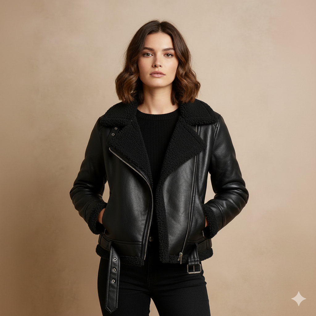 Women’s Leather Aviator Jacket – Short and Shearling-Lined