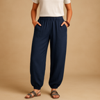Zomerbroek voor dames met hoge taille, losse pasvorm en boho design, ideaal voor zomerse dagen en ontspannen outfits.