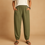 Zomerbroek voor dames met hoge taille, losse pasvorm en boho design, ideaal voor zomerse dagen en ontspannen outfits.