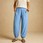 Zomerbroek voor dames met hoge taille, losse pasvorm en boho design, ideaal voor zomerse dagen en ontspannen outfits.