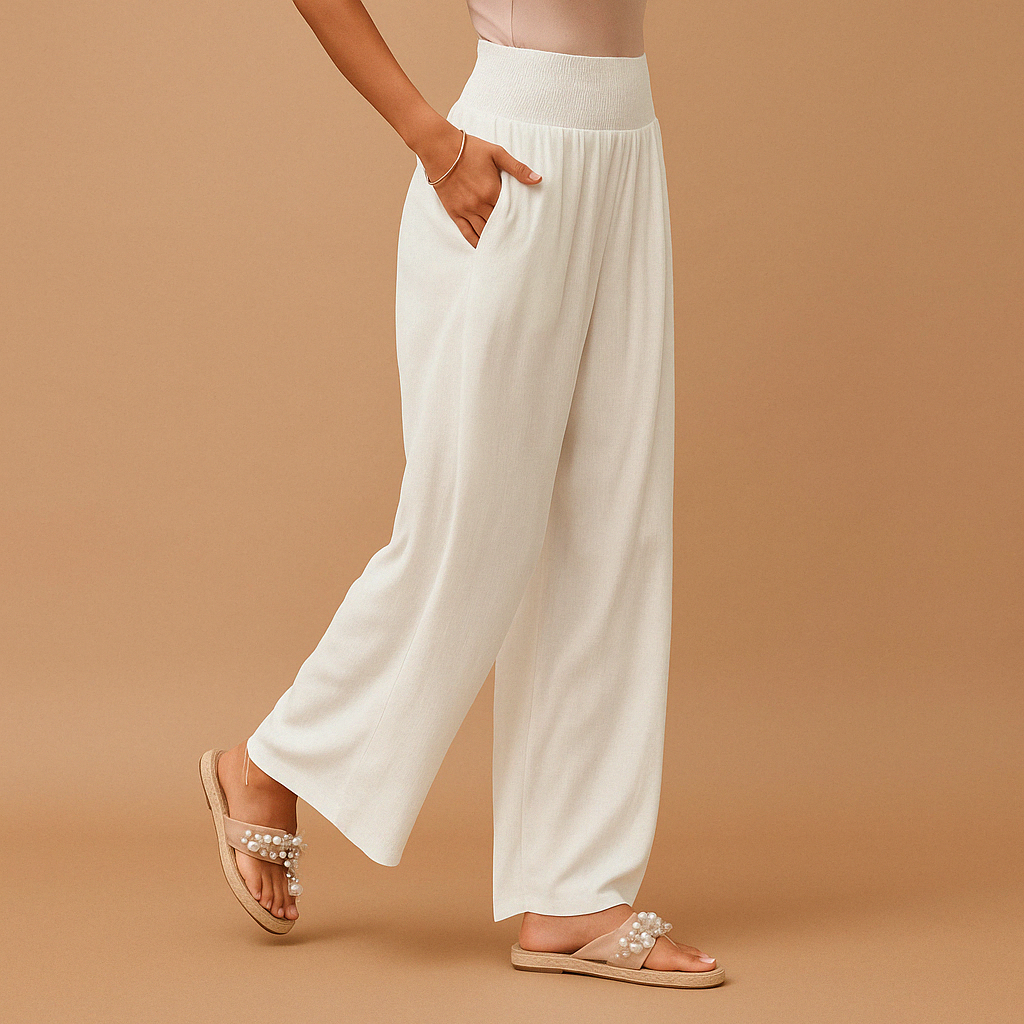 Linnen broek voor dames met elastische taille en rechte pijpen in verschillende kleuren – perfect voor zomerse en casual outfits.