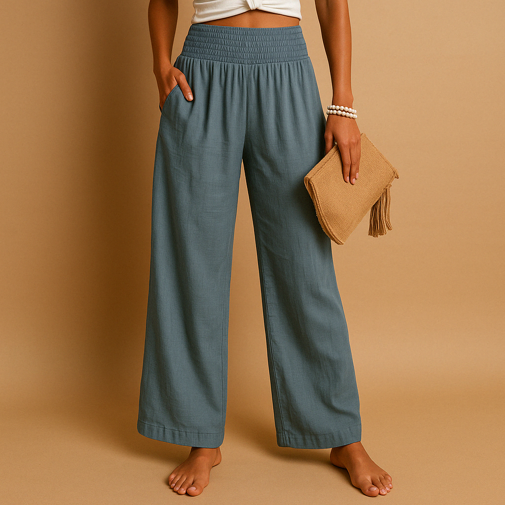 Linnen broek voor dames met elastische taille en rechte pijpen in verschillende kleuren – perfect voor zomerse en casual outfits.