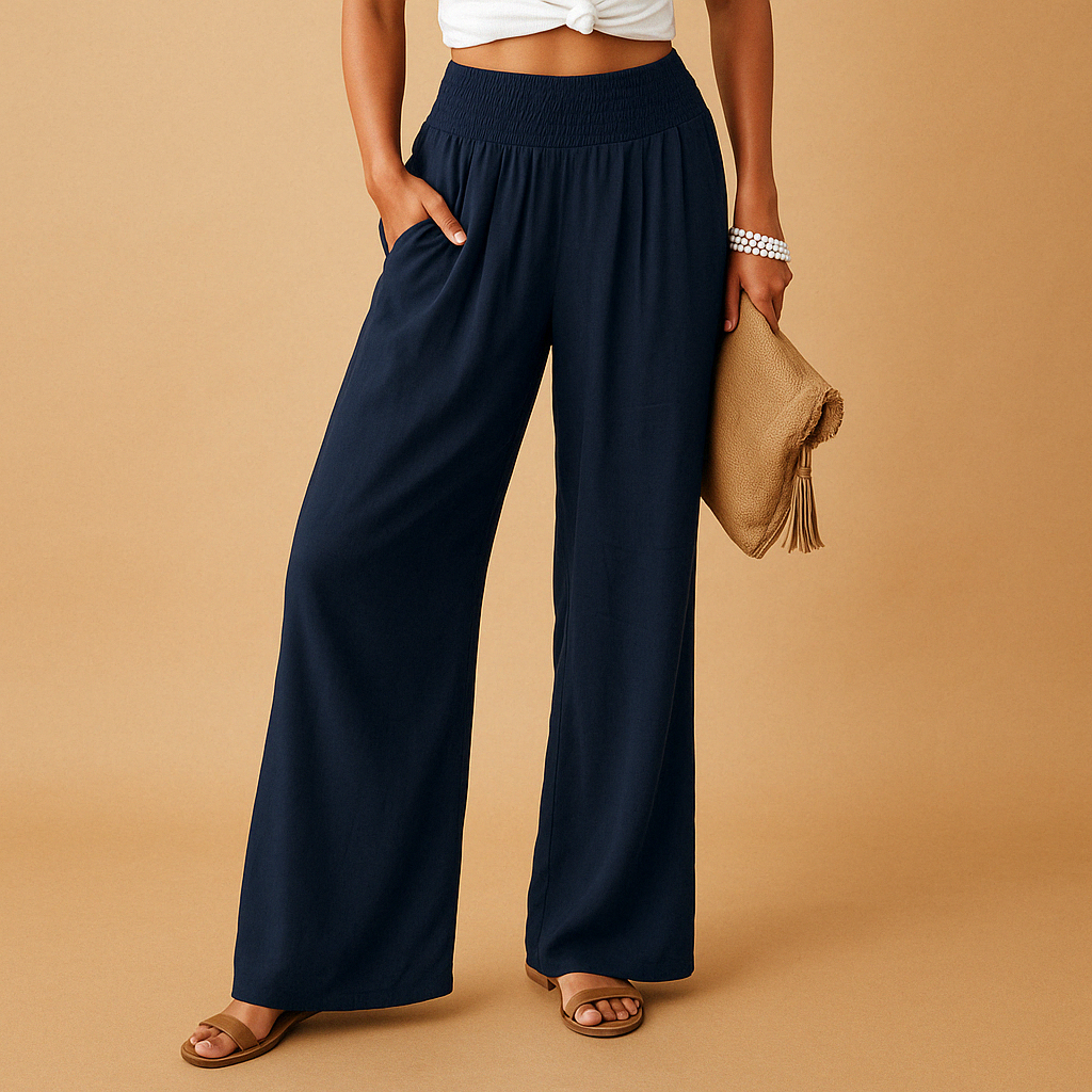 Linnen broek voor dames met elastische taille en rechte pijpen in verschillende kleuren – perfect voor zomerse en casual outfits.