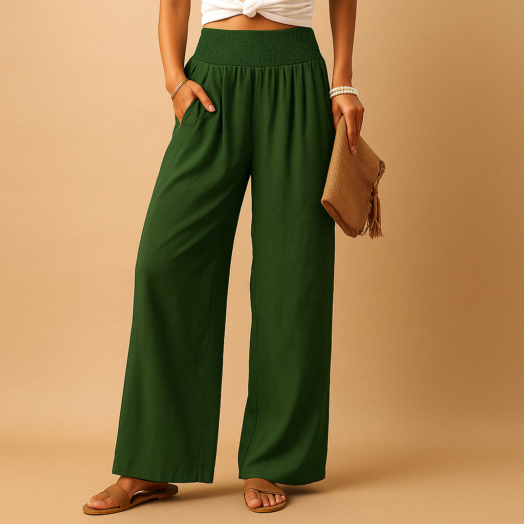 Linnen broek voor dames met elastische taille en rechte pijpen in verschillende kleuren – perfect voor zomerse en casual outfits.