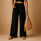 Linnen broek voor dames met elastische taille en rechte pijpen in verschillende kleuren – perfect voor zomerse en casual outfits.