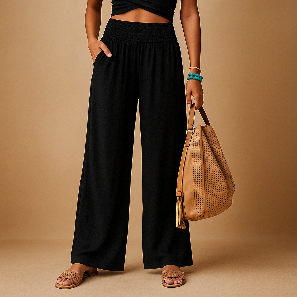 Linnen broek voor dames met elastische taille en rechte pijpen in verschillende kleuren – perfect voor zomerse en casual outfits.