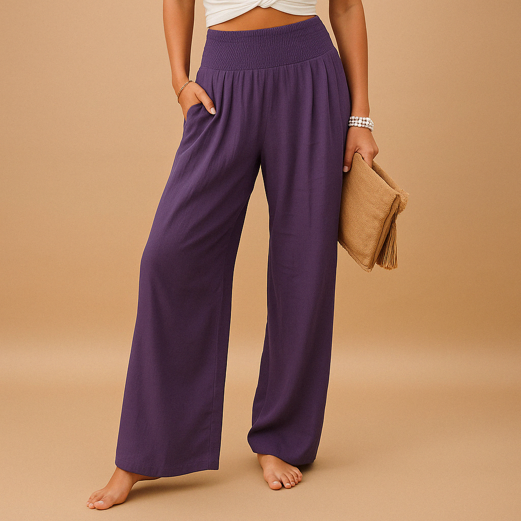 Linnen broek voor dames met elastische taille en rechte pijpen in verschillende kleuren – perfect voor zomerse en casual outfits.