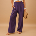 Linnen broek voor dames met elastische taille en rechte pijpen in verschillende kleuren – perfect voor zomerse en casual outfits.