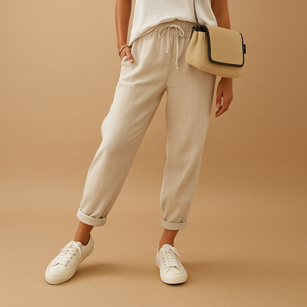 Ademende damesbroek met losse pasvorm in beige, wit, groen, blauw of zwart, ideaal voor werk of vrije tijd tijdens warme dagen.
