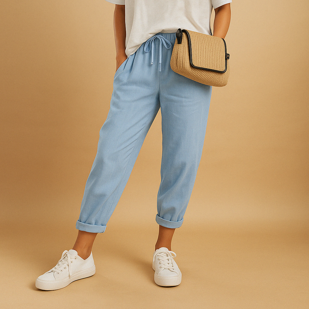 Ademende damesbroek met losse pasvorm in beige, wit, groen, blauw of zwart, ideaal voor werk of vrije tijd tijdens warme dagen.