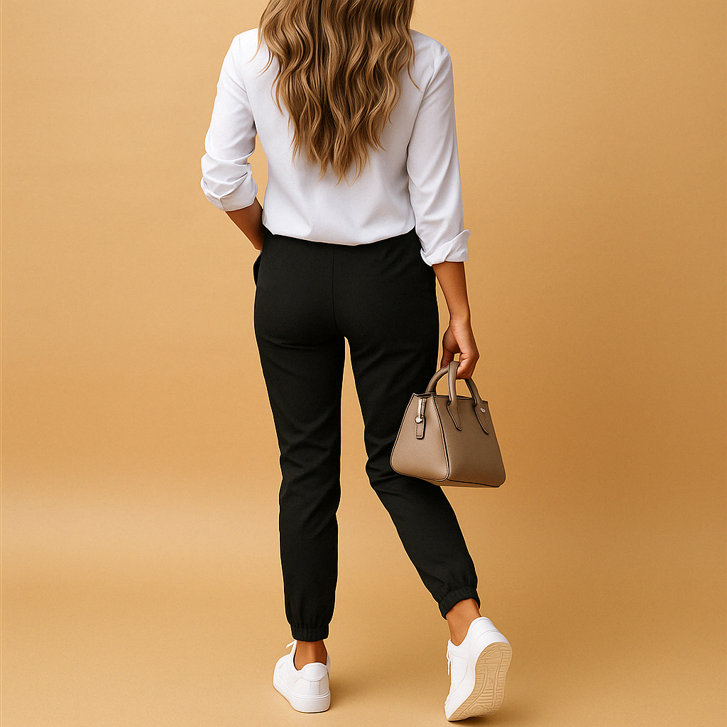 Dames chino broek met slim fit en stretch, verkrijgbaar in zwart, khaki en legergroen, perfect voor werk of casual outfits.