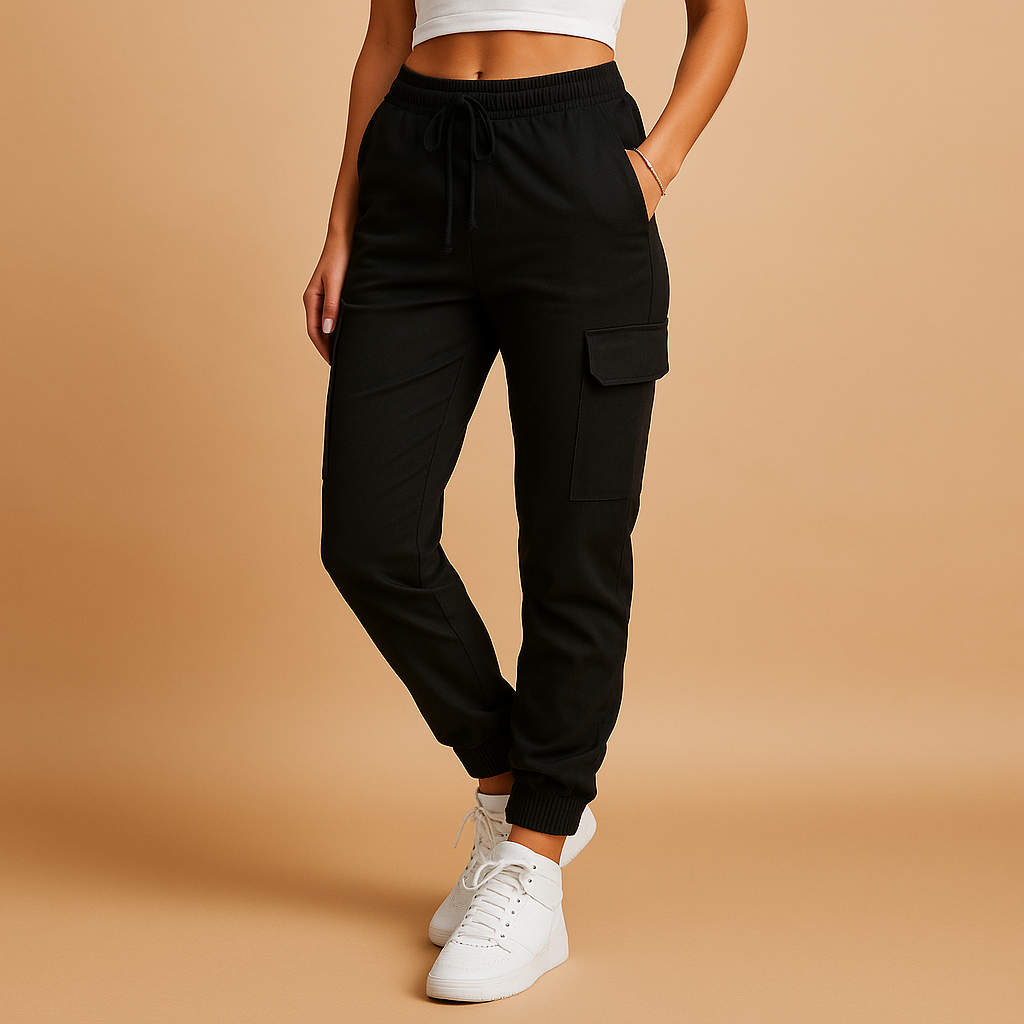 Dames cargobroek met hoge taille en slanke pasvorm, stretchmateriaal en cargozakken. Perfect voor dagelijks gebruik en casual outfits.