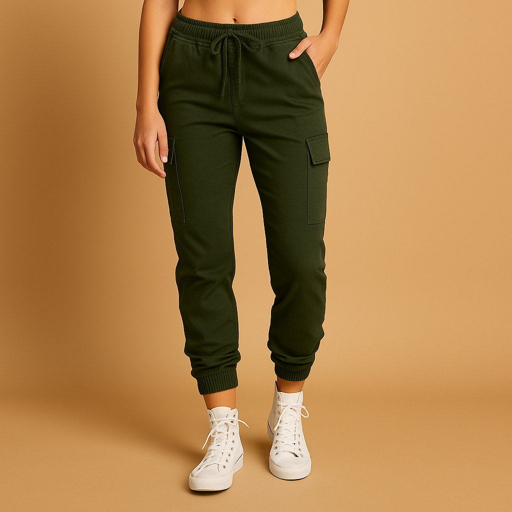 Dames cargobroek met hoge taille en slanke pasvorm, stretchmateriaal en cargozakken. Perfect voor dagelijks gebruik en casual outfits.