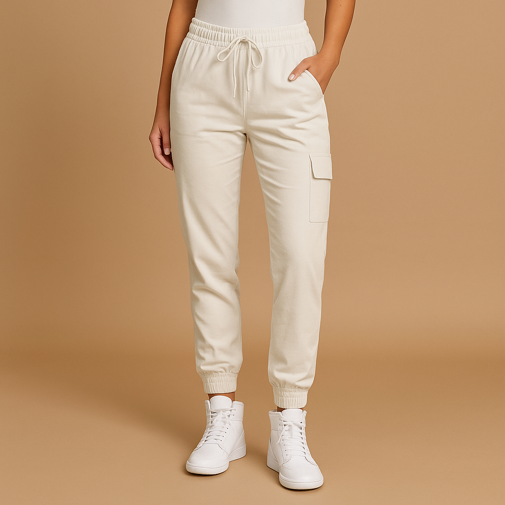 Dames cargobroek met hoge taille en slanke pasvorm, stretchmateriaal en cargozakken. Perfect voor dagelijks gebruik en casual outfits.