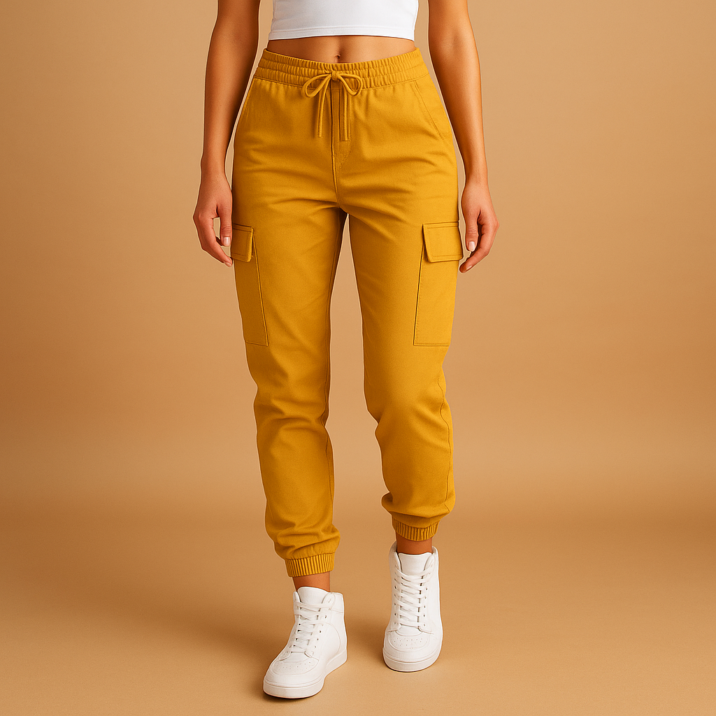 Dames cargobroek met hoge taille en slanke pasvorm, stretchmateriaal en cargozakken. Perfect voor dagelijks gebruik en casual outfits.
