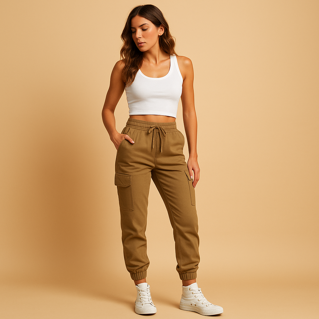 Dames cargobroek met hoge taille en slanke pasvorm, stretchmateriaal en cargozakken. Perfect voor dagelijks gebruik en casual outfits.