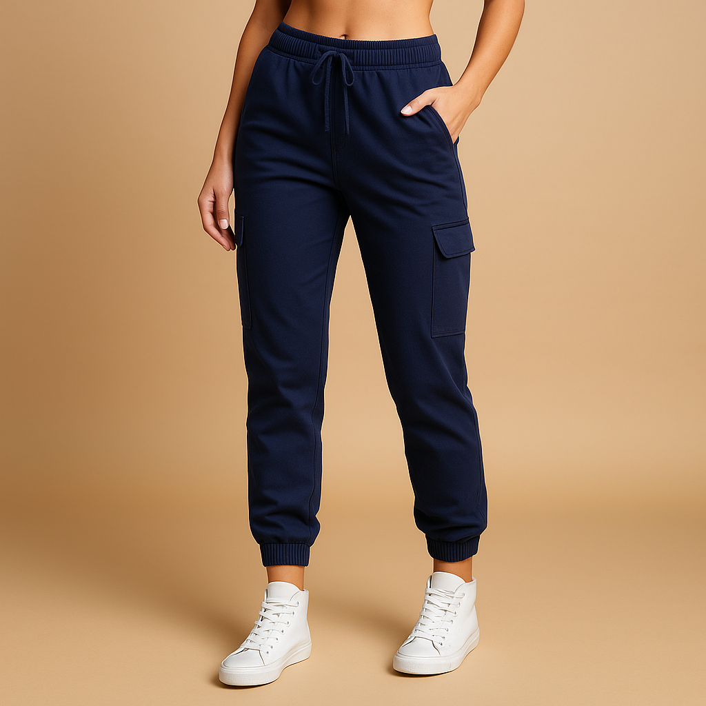 Dames cargobroek met hoge taille en slanke pasvorm, stretchmateriaal en cargozakken. Perfect voor dagelijks gebruik en casual outfits.