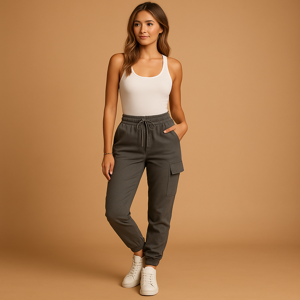 Dames cargobroek met hoge taille en slanke pasvorm, stretchmateriaal en cargozakken. Perfect voor dagelijks gebruik en casual outfits.