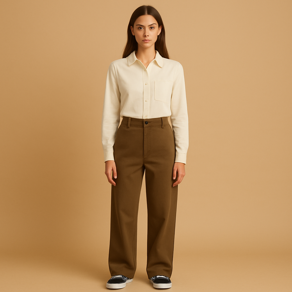 Moderne asymmetrische baggy broek voor dames met losse pasvorm en dubbele knoopsluiting, perfect voor een casual of chique outfit.