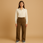 Moderne asymmetrische baggy broek voor dames met losse pasvorm en dubbele knoopsluiting, perfect voor een casual of chique outfit.