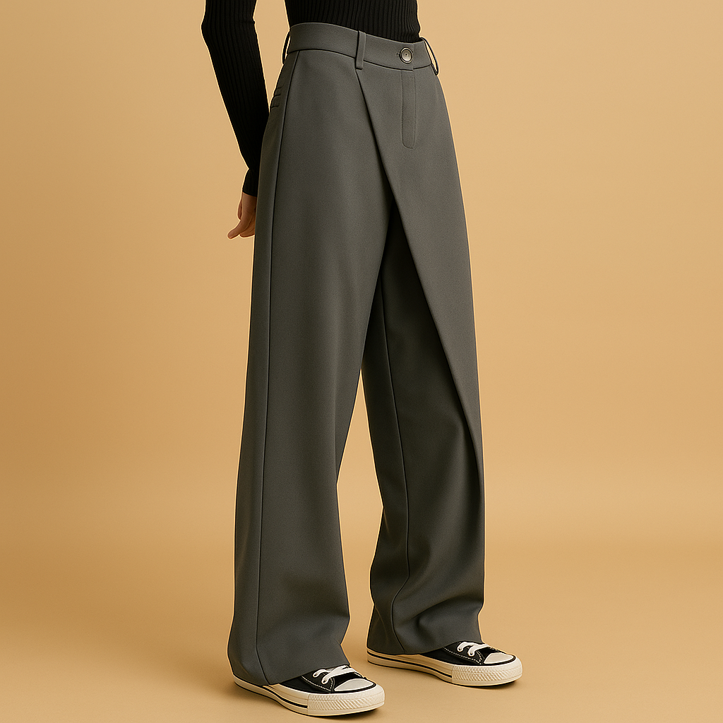 Moderne asymmetrische baggy broek voor dames met losse pasvorm en dubbele knoopsluiting, perfect voor een casual of chique outfit.