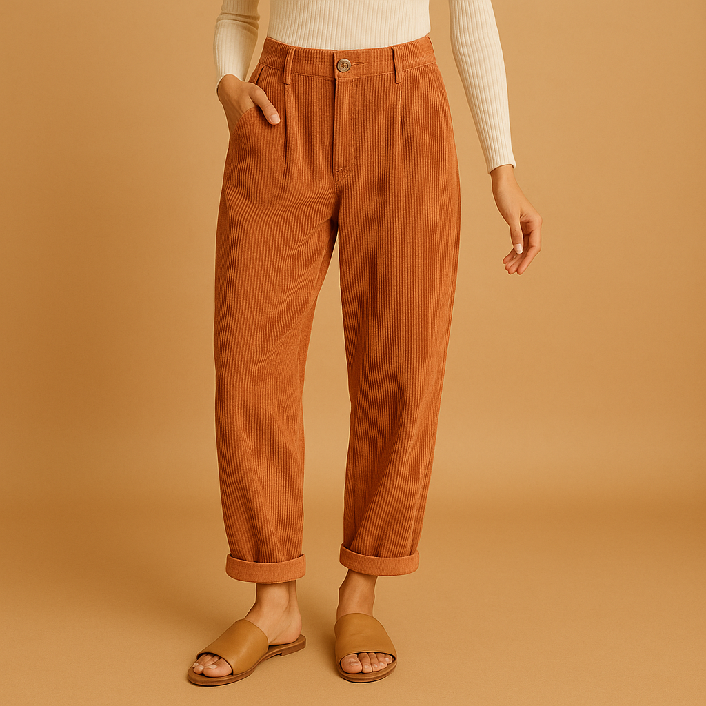 Dames corduroy broek met hoge taille, rechte pijpen en relaxed-fit pasvorm, ideaal voor herfstige dagen en casual chique outfits.