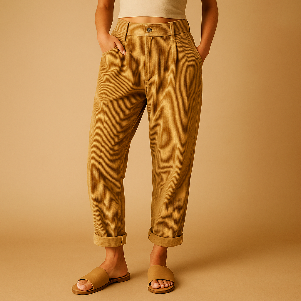 Dames corduroy broek met hoge taille, rechte pijpen en relaxed-fit pasvorm, ideaal voor herfstige dagen en casual chique outfits.