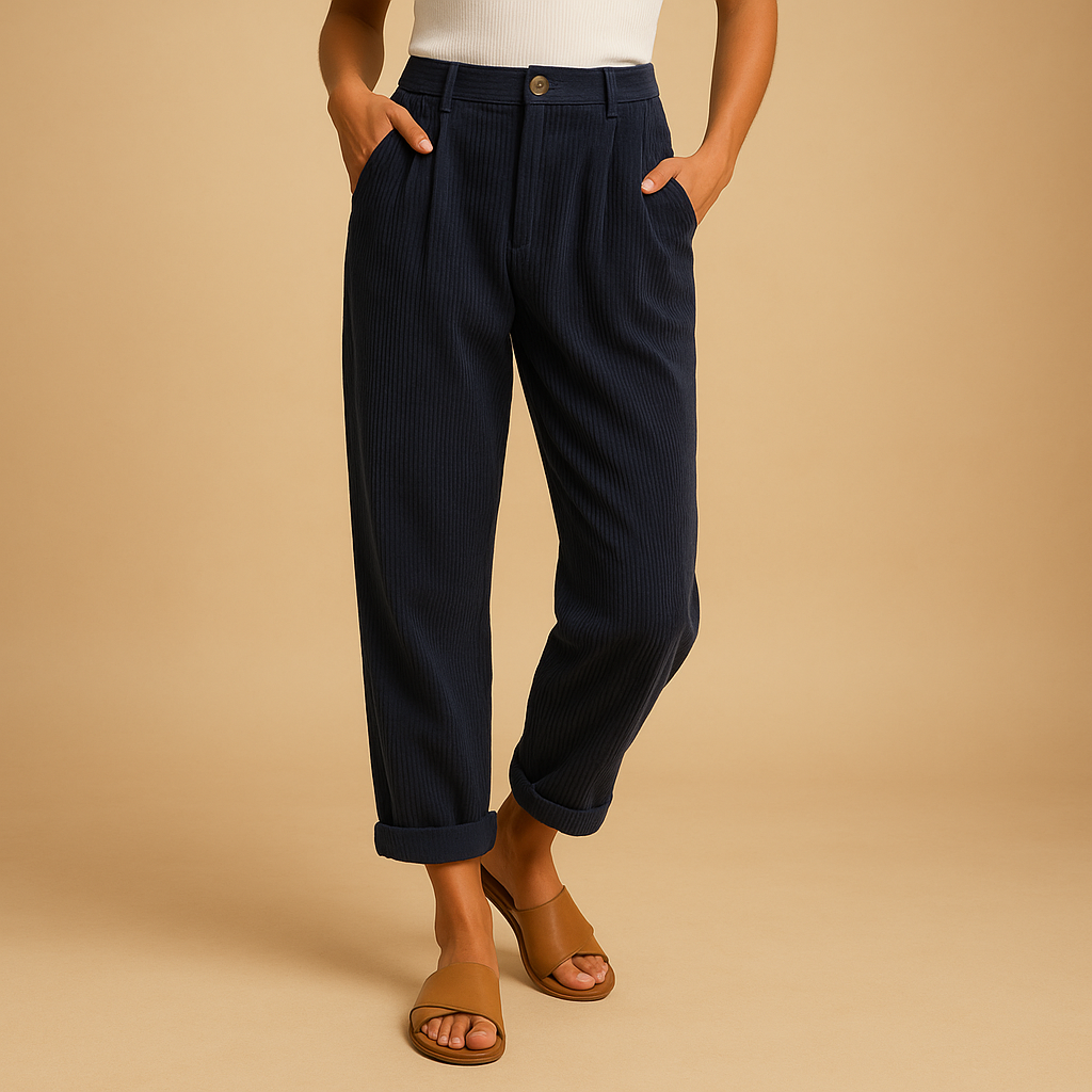 Dames corduroy broek met hoge taille, rechte pijpen en relaxed-fit pasvorm, ideaal voor herfstige dagen en casual chique outfits.