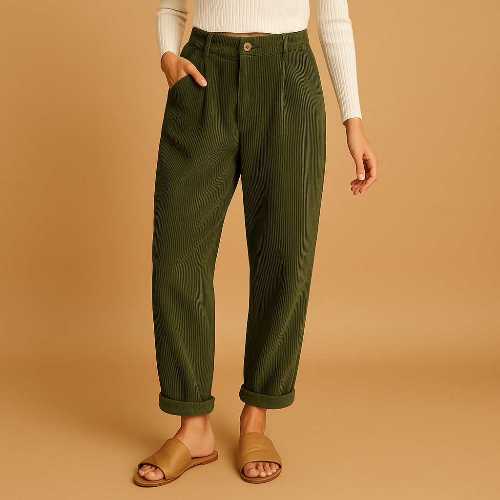 Dames corduroy broek met hoge taille, rechte pijpen en relaxed-fit pasvorm, ideaal voor herfstige dagen en casual chique outfits.