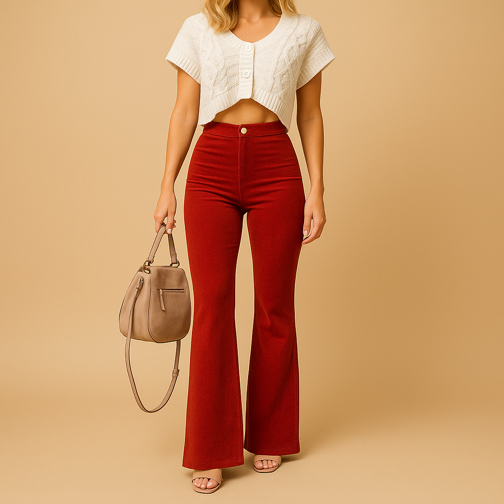 Dames corduroy broek met hoge taille en flared pijpen van stretchmateriaal, perfect voor casual en chique outfits.
