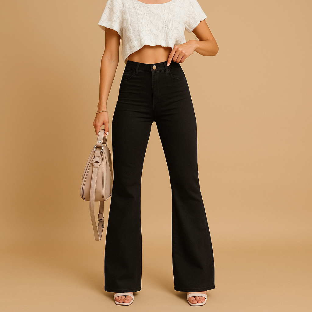 Dames corduroy broek met hoge taille en flared pijpen van stretchmateriaal, perfect voor casual en chique outfits.