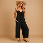 Women’s summer sleeveless jumpsuit with adjustable straps, elastic waist, and lightweight fabric. Perfect for vacations, summer days, and parties.