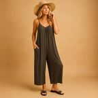Women’s summer sleeveless jumpsuit with adjustable straps, elastic waist, and lightweight fabric. Perfect for vacations, summer days, and parties.